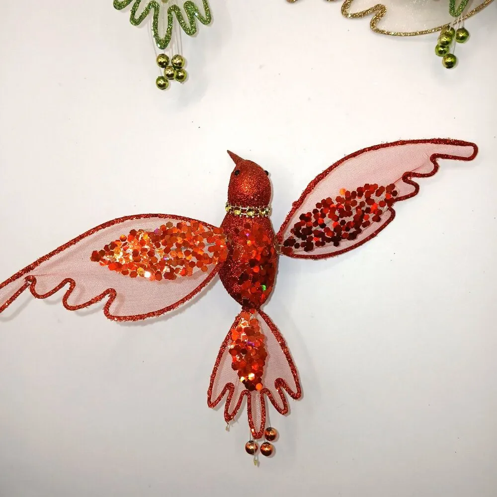 Clip On Bird Ornaments Hummingbirds Red Green Gold Glitter & Sequins Set Of 4